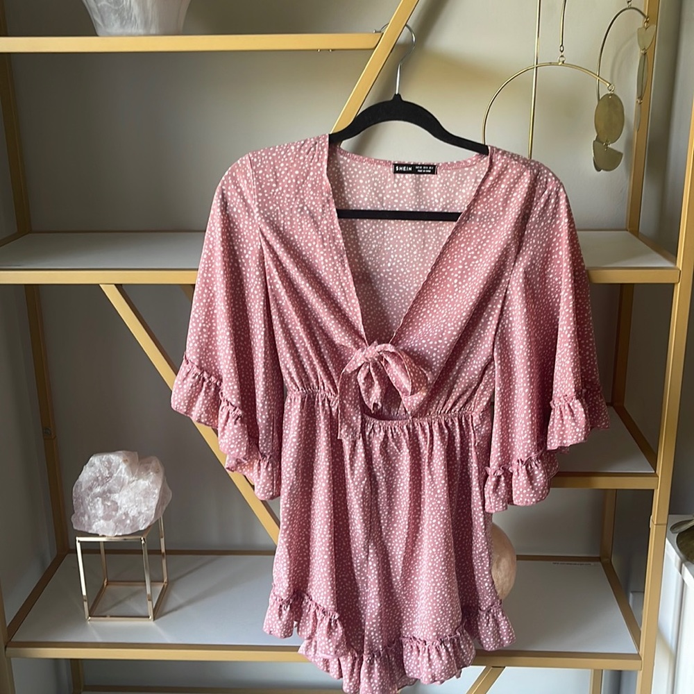 Pink and white polka dot romper